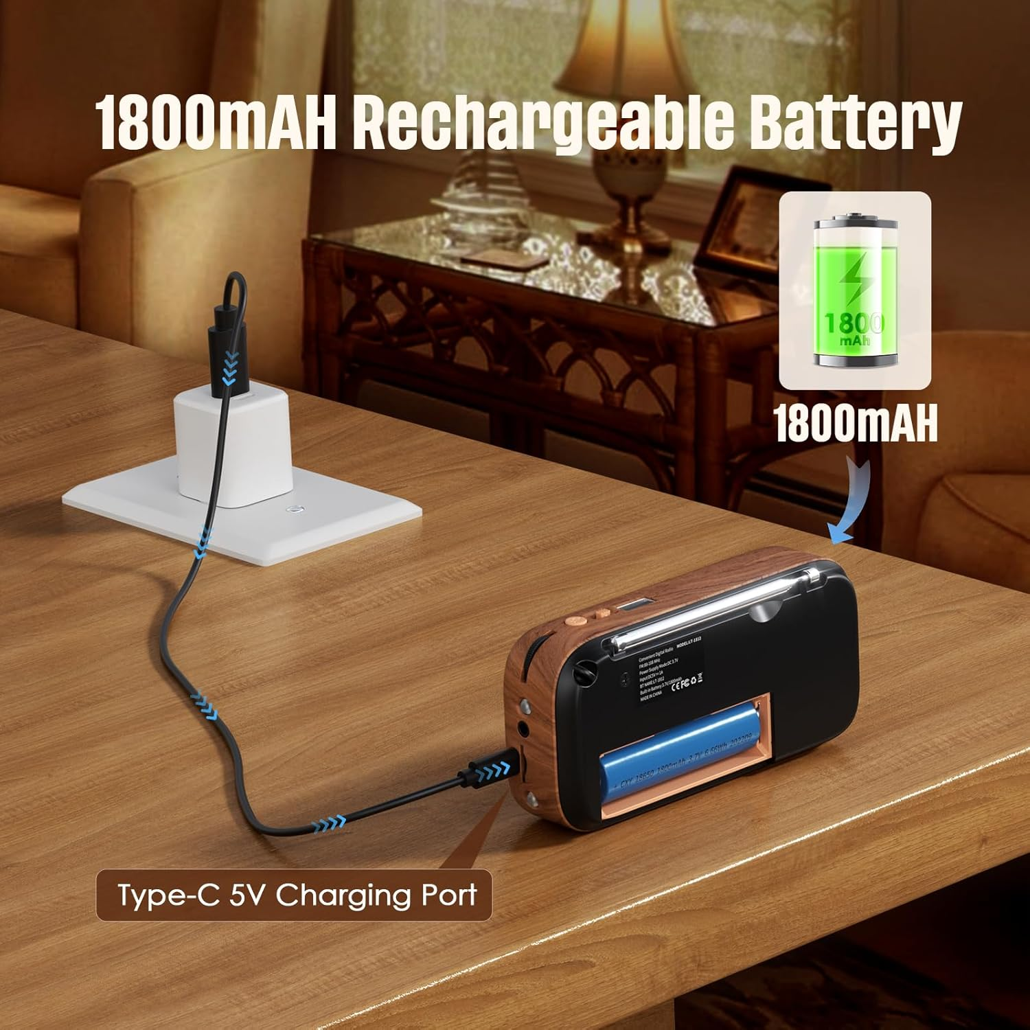 LEOTEC Rechargeable FM Radio with Bluetooth,Digital Radio,Portable Vintage Wood Table Alarm Clock Radios with 1800Mah Lithium Battery,Type-C Charging/Sos/Aux/Usb,Great for Seniors image number 5