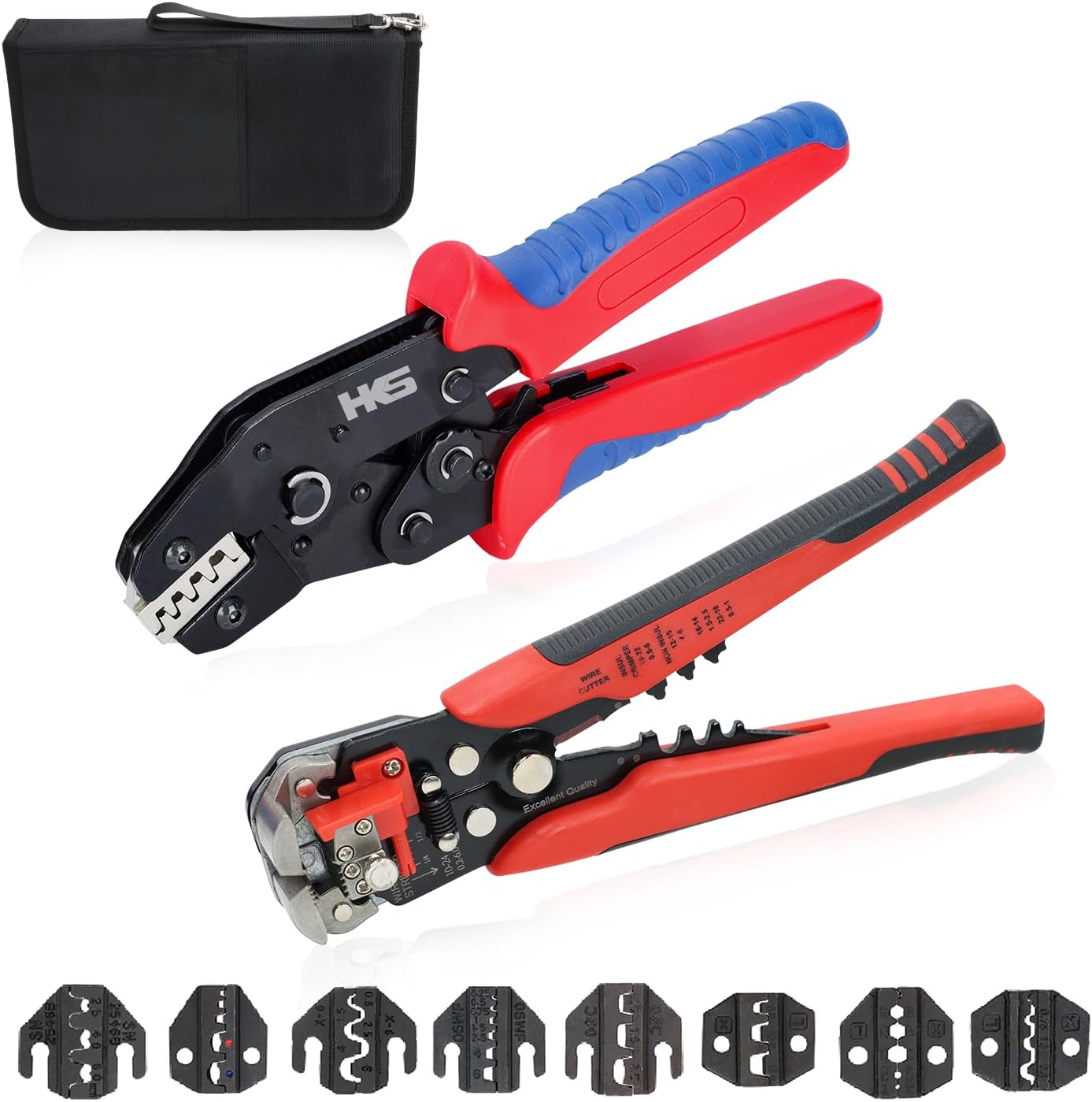 Aucent Crimping Tool Kit Crimper Set with 9 Jaws 23-5 AWG for Dupont JST Open Barrel Pins,Insulated and Non-Insulated Terminal/Butt,Coax RF MC4 Connector,Wire Ferrule,End Sleeve (1 Crimper 9 Jaws Set)