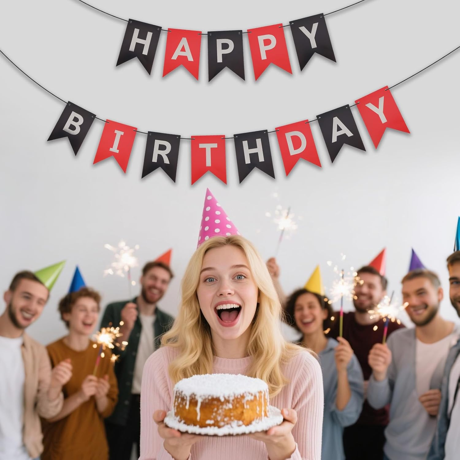 Gosknor Happy Birthday Banner Sign, Red and Black Birthday Decorations Silver Hot Stamping Fishtail Flag Party Decorations Photo Backdrop Party Supplies for Boys Girls Men Women image number 3