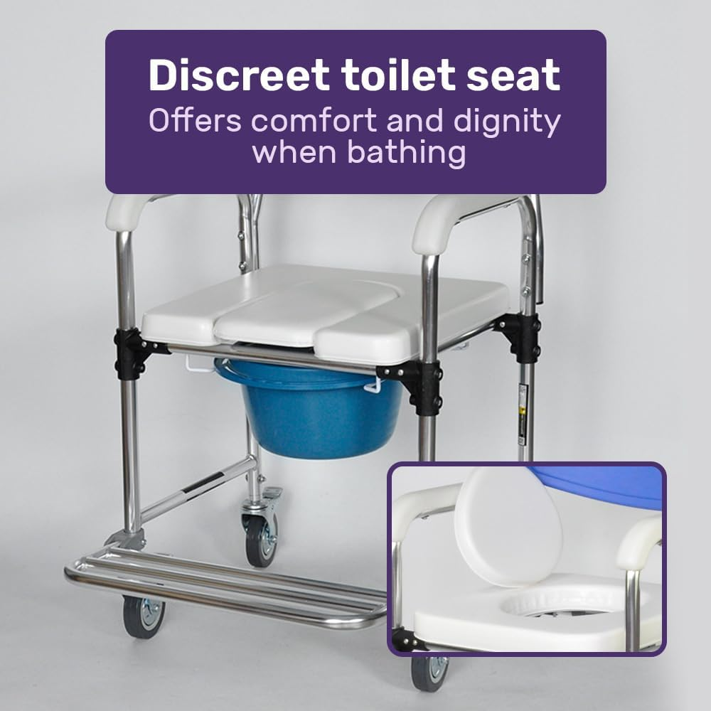 Equipmed Commode Shower Chair, over Toilet or Bedside 136Kg Capacity Aluminium Frame with Wheels, White/Blue