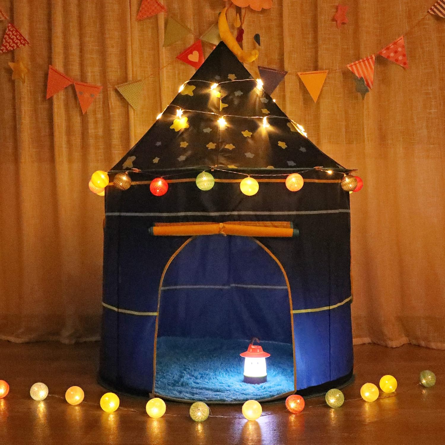 Kids Play Tent Teepee Tent Pop-Up Princess Prince Castle Play Tent with Star Lights EN71 ASTM Certified Indoor Outdoor Portable Playhouse Boys & Girls Birthday Gift (Moon Blue) image number 1