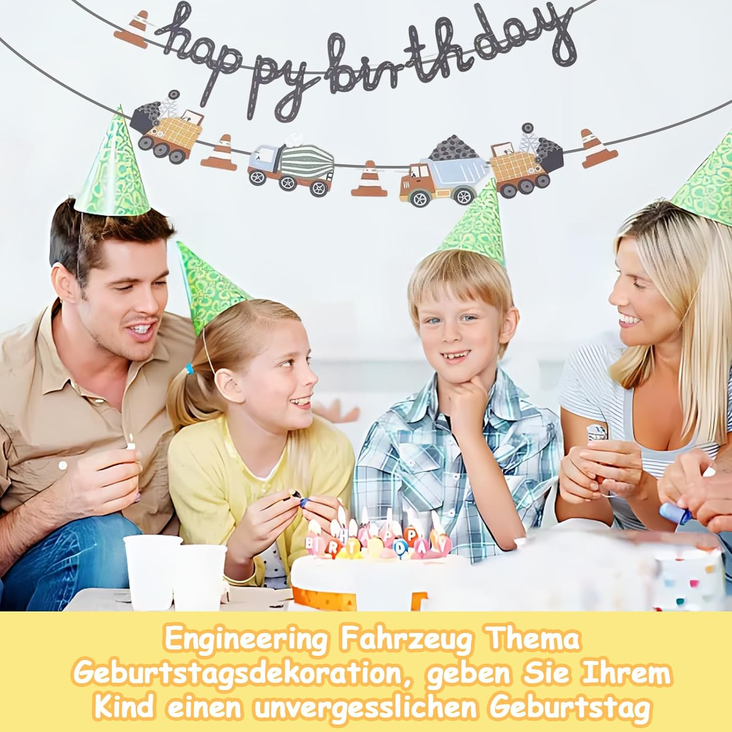 Construction Site Party Chain, Cute Happy Birthday Colourful Vehicles, Birthday Garland Construction Site Boy with Truck Crane Concrete Mixer, Children'S Birthday Decoration Hanging Chain For image number 6