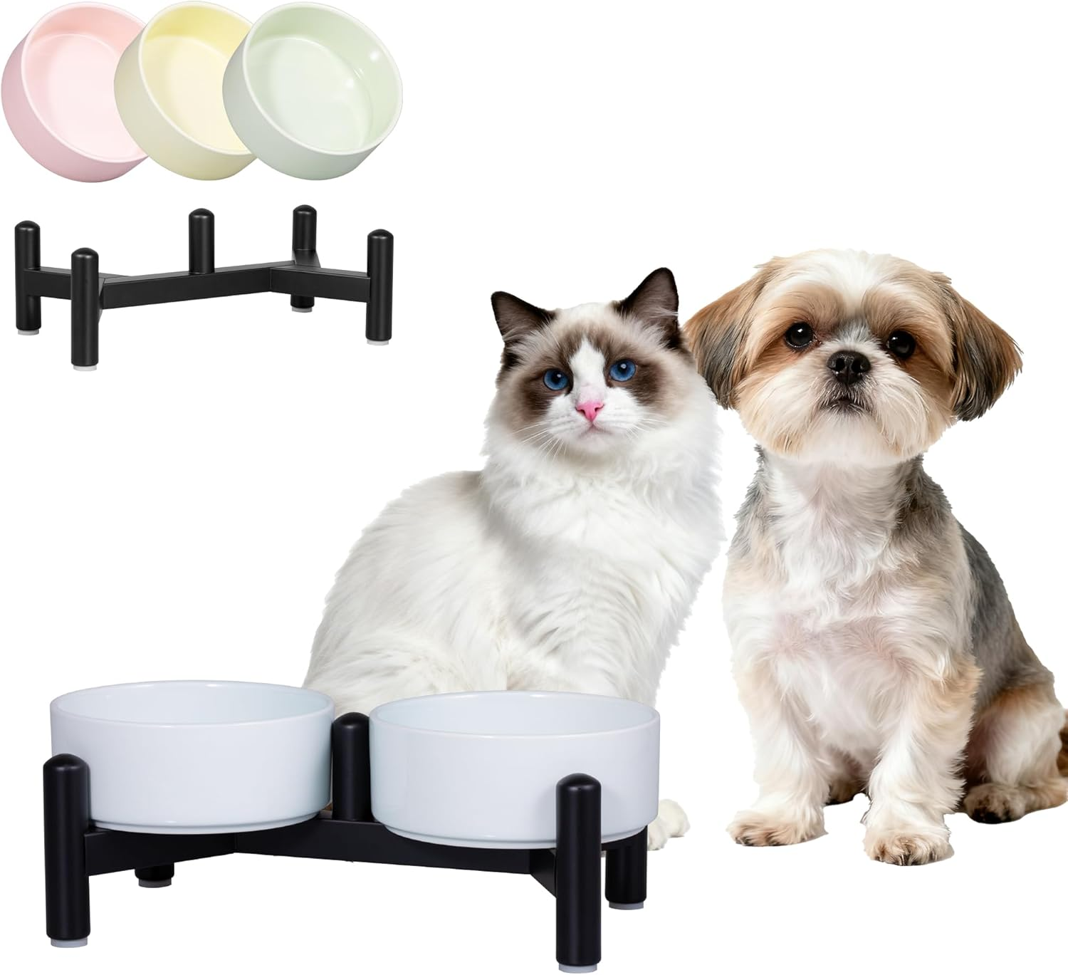 Ceramic Elevated Dog Bowl Set - Dog Feeder Station with Cute-Style Double Bowls for Small and Medium Size Breed - Non-Slip Raised Dish for Food and Water Feeding- 6 Inch - 3.5 Cups / 20 Fl Oz - Khaki