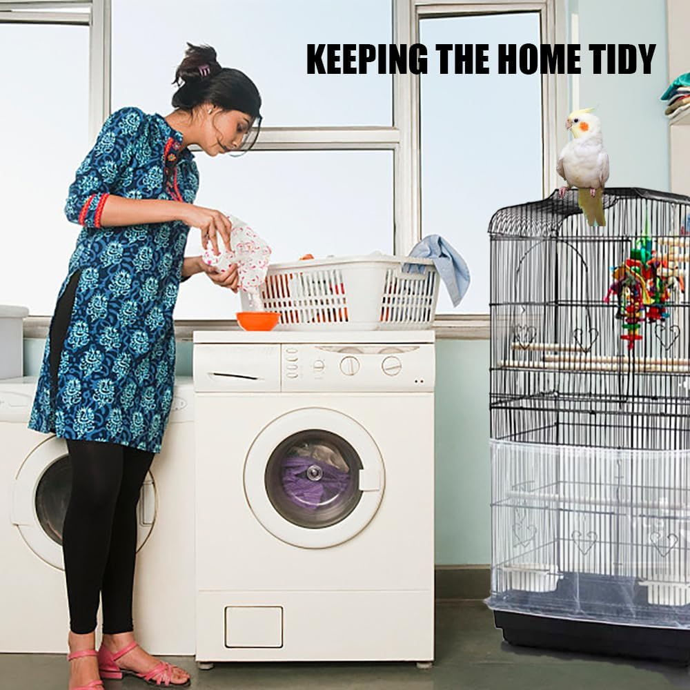 TRKETK 2 Pieces Bird Cage Net Cover, Stretchy Bird Cage Cover Bird Cage Seed Catcher Universal Bird Cage Cover Bird Cage Ventilate Dust-Proof Cover Bird Cage Cover Skirt (White + Black) image number 1