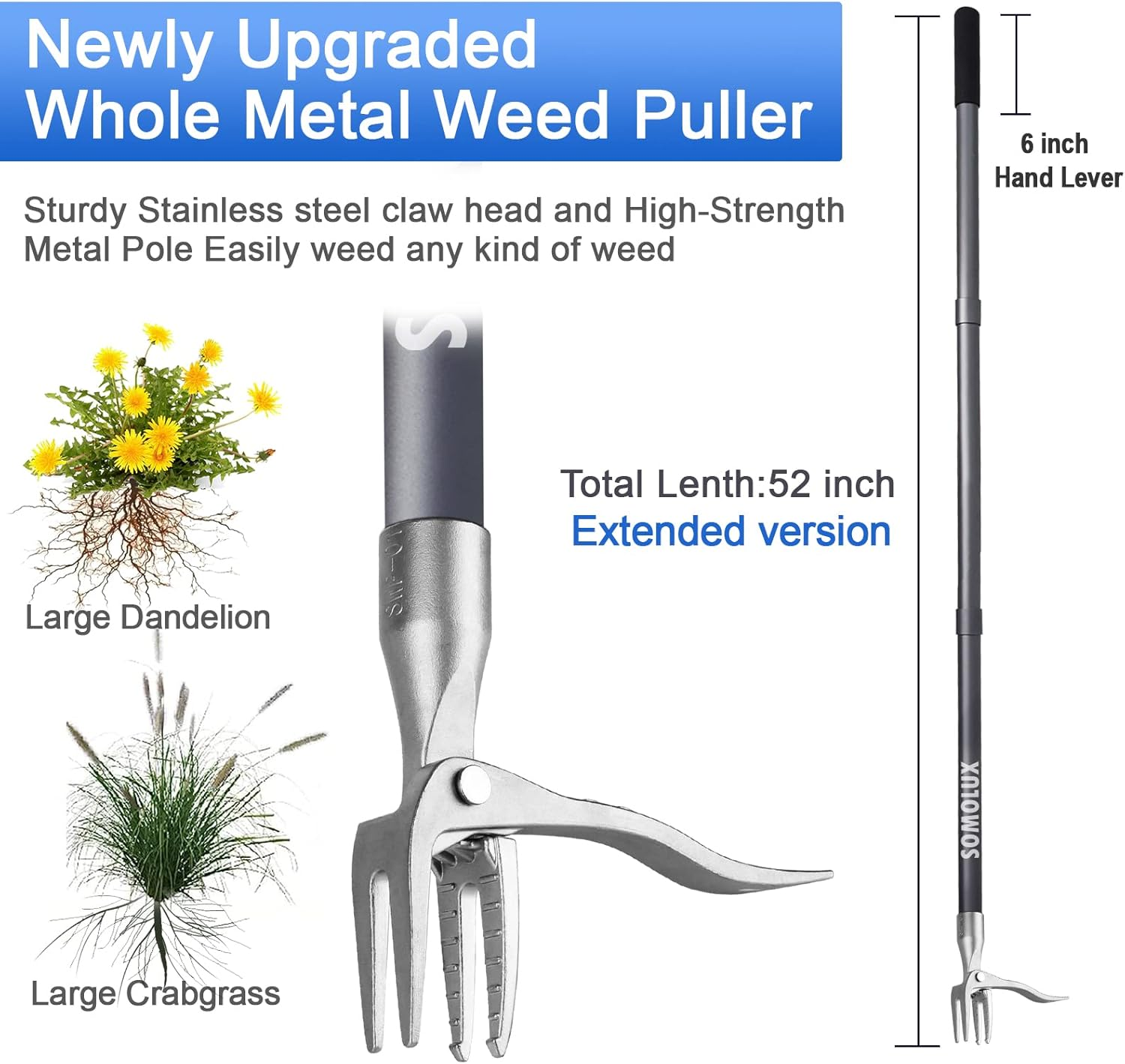 SOMOLUX 52'' Weed Puller Stand-Up Weeder Weeding Tool for Gardening Heavy-Duty Stainless Steel Claw with Long Metal Handle Weed Remove Tool for Lawn/Yard and Garden without Bending or Kneeling image number 5