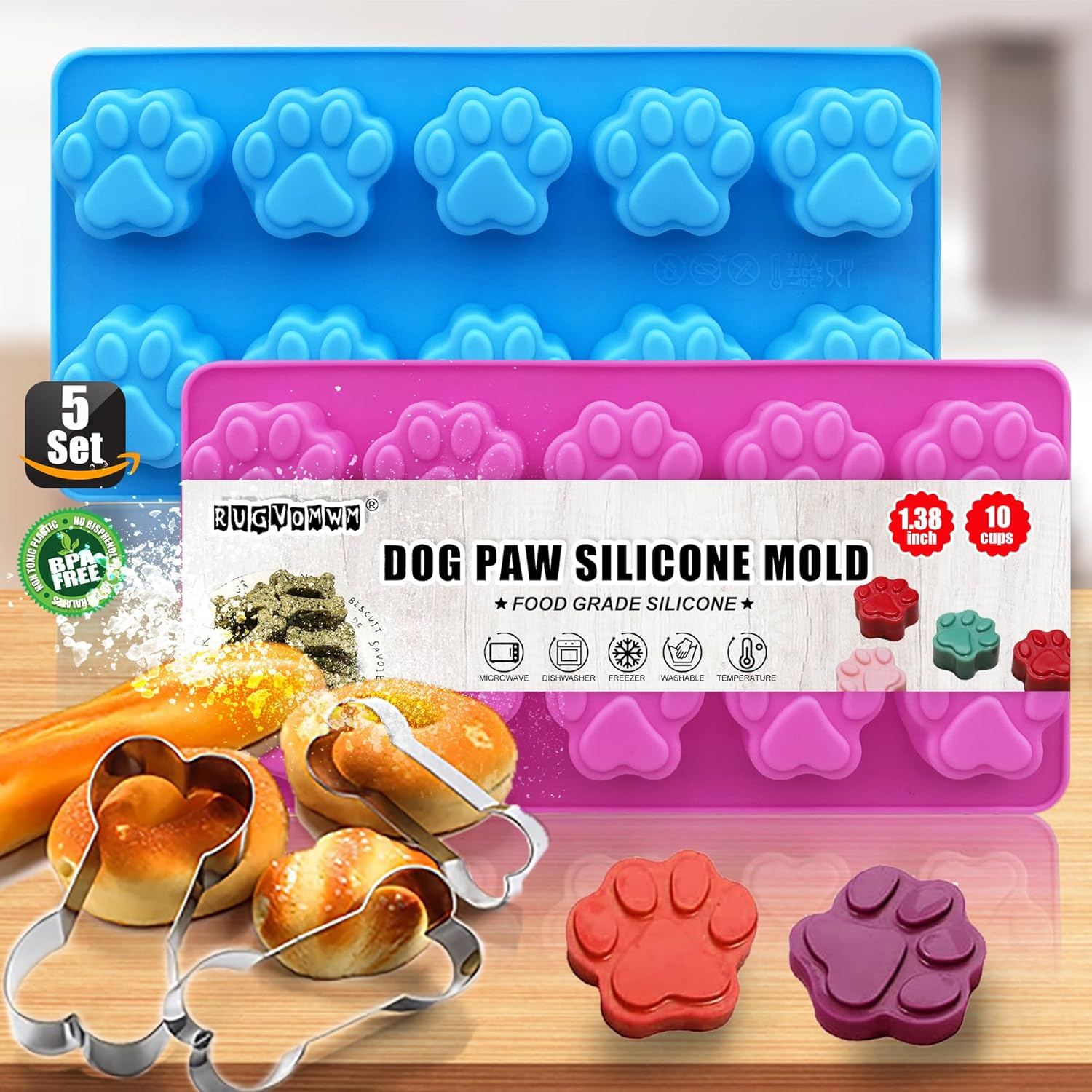 Set of 7，4 Pieces Silicone Molds Puppy Dog Paw & Bone Shaped and 3 Pieces Stainless Steel Bone Cookie Cutter,For Homemade Treats and Cat Animal Paw Ice Candy Chocolate Baking Mold.