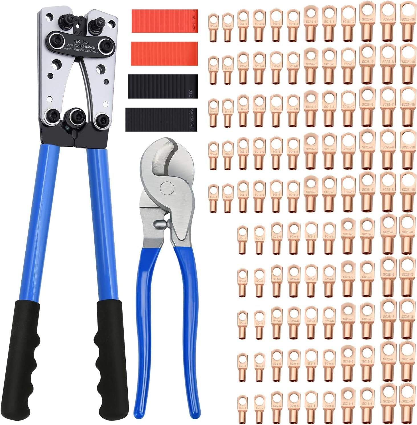 Mdvora Cable Lug Crimping Tool with 170Pcs Copper Wire Lugs, Wire Crimping Tool for AWG 10-1/0 Electrical Lug Crimper, with Cable Cutter, 210Pcs Dual Wall Adhesive Heat Shrink Tubing MD-0002 image number 6