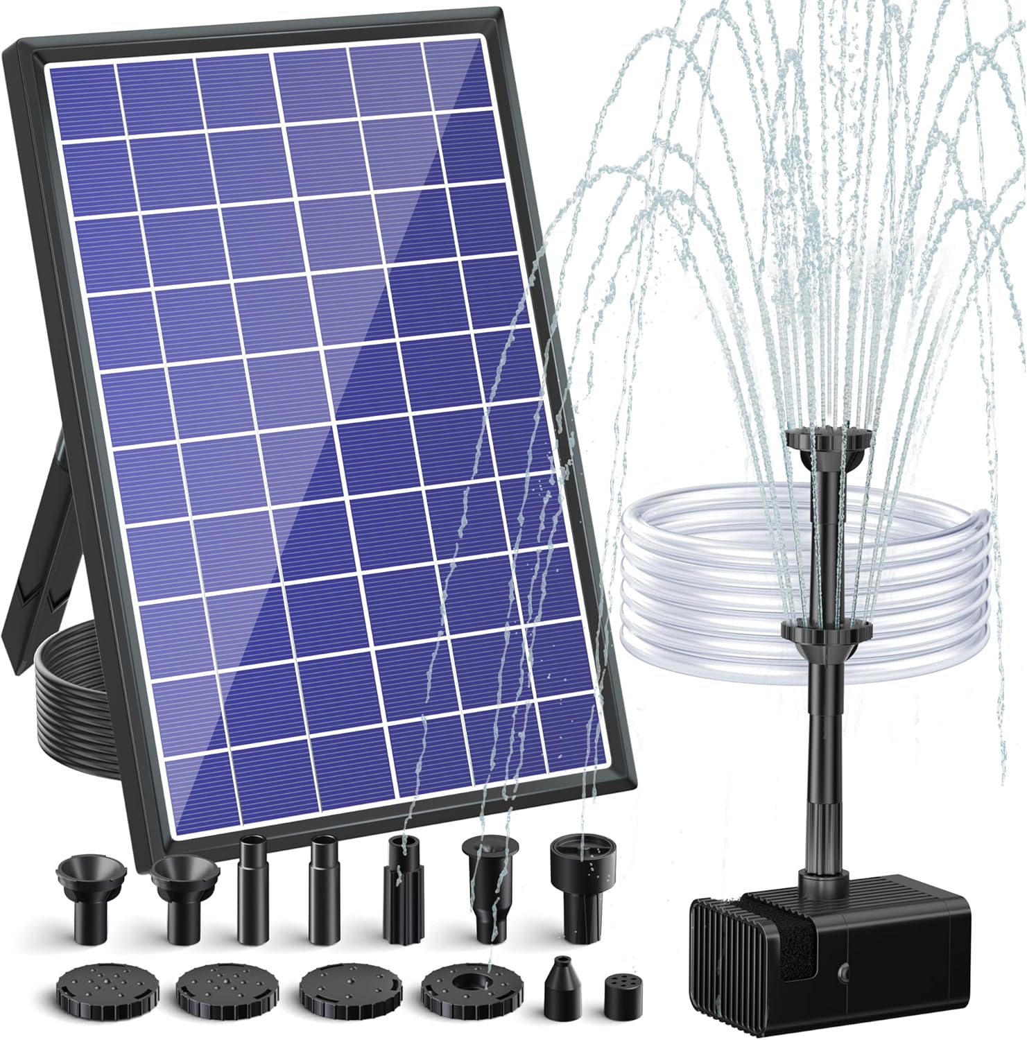 POPOSOAP Solar Fountain Pump Built-In 3000Mah Battery, 7W Solar Bird Bath Fountain Pump 16.64Ft Cable, 10 Nozzles & PVC Tubing, Solar Pond Pump for Bird Bath Garden Fish Tank Pond Water Feature Black image number 4