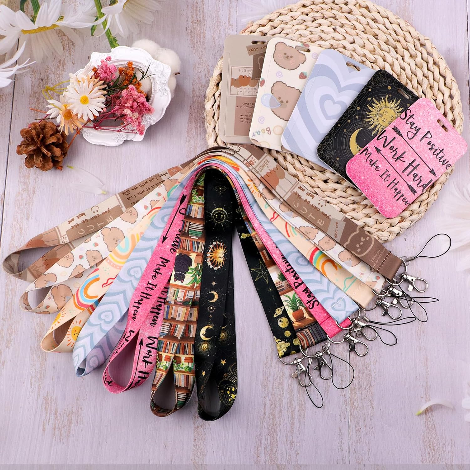 Pink Badge Holder Lanyard Cute Aesthetic Keychain Lanyard for Women Girls Teachers Kids for ID Badge & Keys Preppy School ID Holder(Positive Quote) image number 2