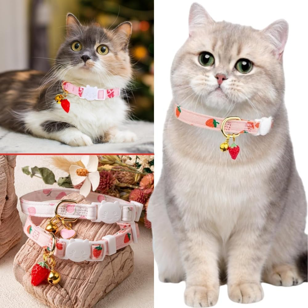 Cotton Detachable Cat Collar, Pink Strawberry White Heart-Shaped Pendant, Cute Kitten and Bell Cat Collar 2-Piece Set image number 3
