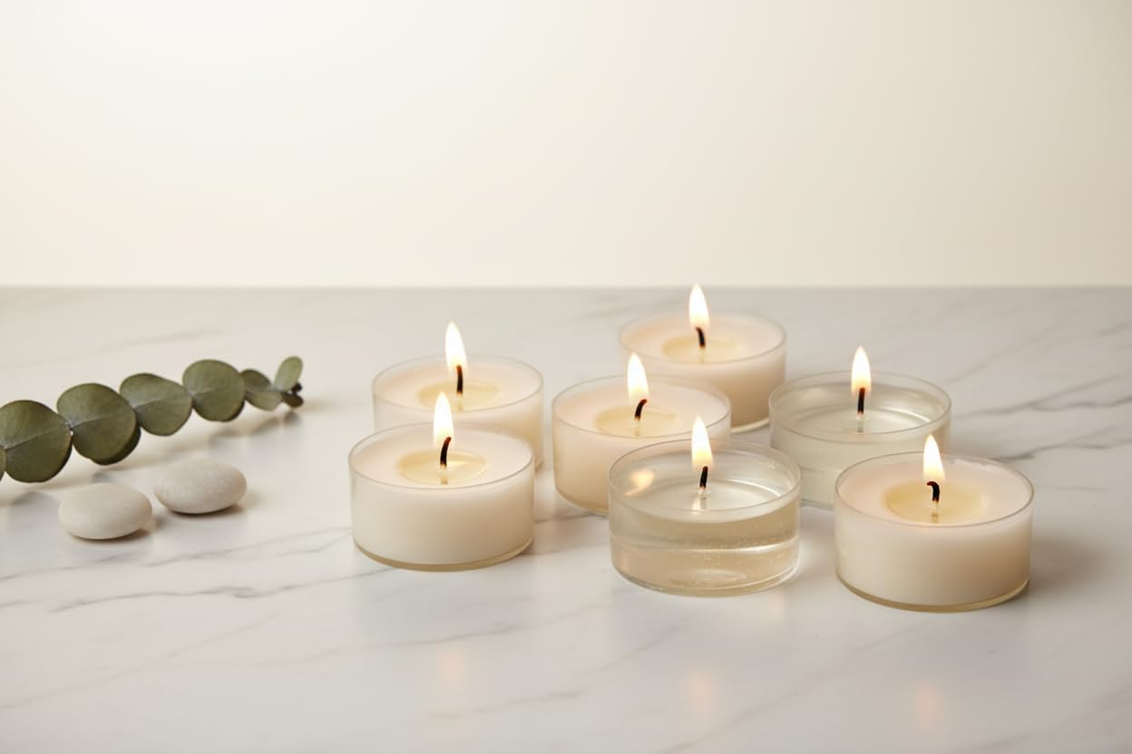 Natural Unscented Tealights 100% Rapeseed Wax Paraffin-Free Candles in Recyclable Clear Cup Natural Wax Tea Lights image number 4