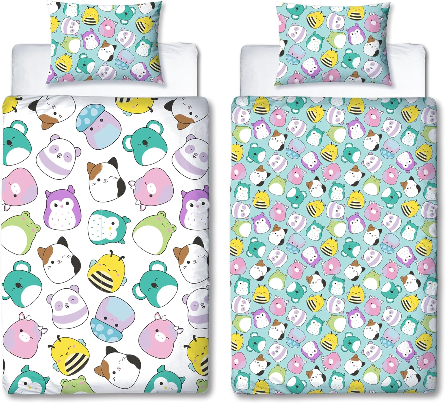 Squishmallows Official Single Duvet Cover Set, Happy Design | Reversible 2 Sided Characters Bedding Cover Including Matching Pillow Case, Multicolor