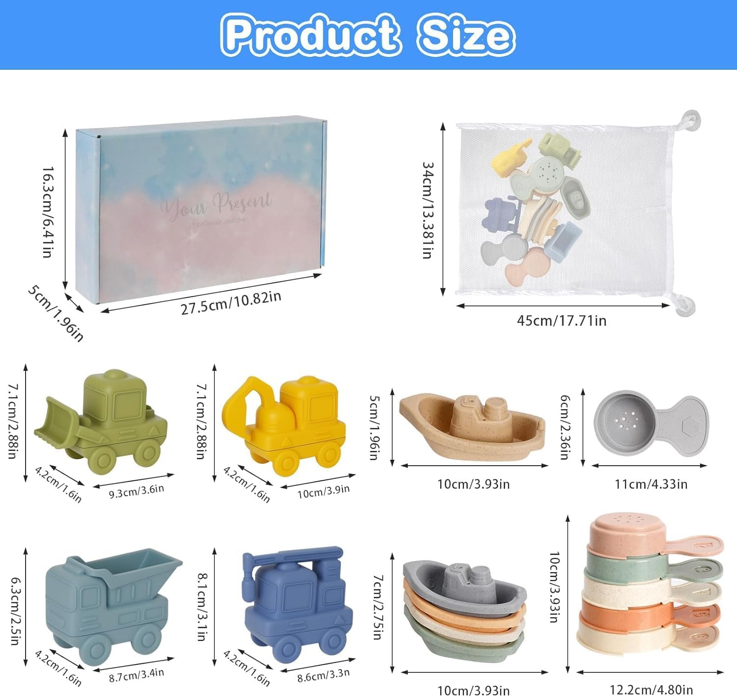 Silicone Baby Bath Toys, 15 Pcs Infant Squirty Bathtub Toys, Floating Bath Toys with Bath Boats/ Stacking Cups/ Car Water Spray Toys/ Storage Bag for 1 2 3 4 Boys Girls Kids image number 5