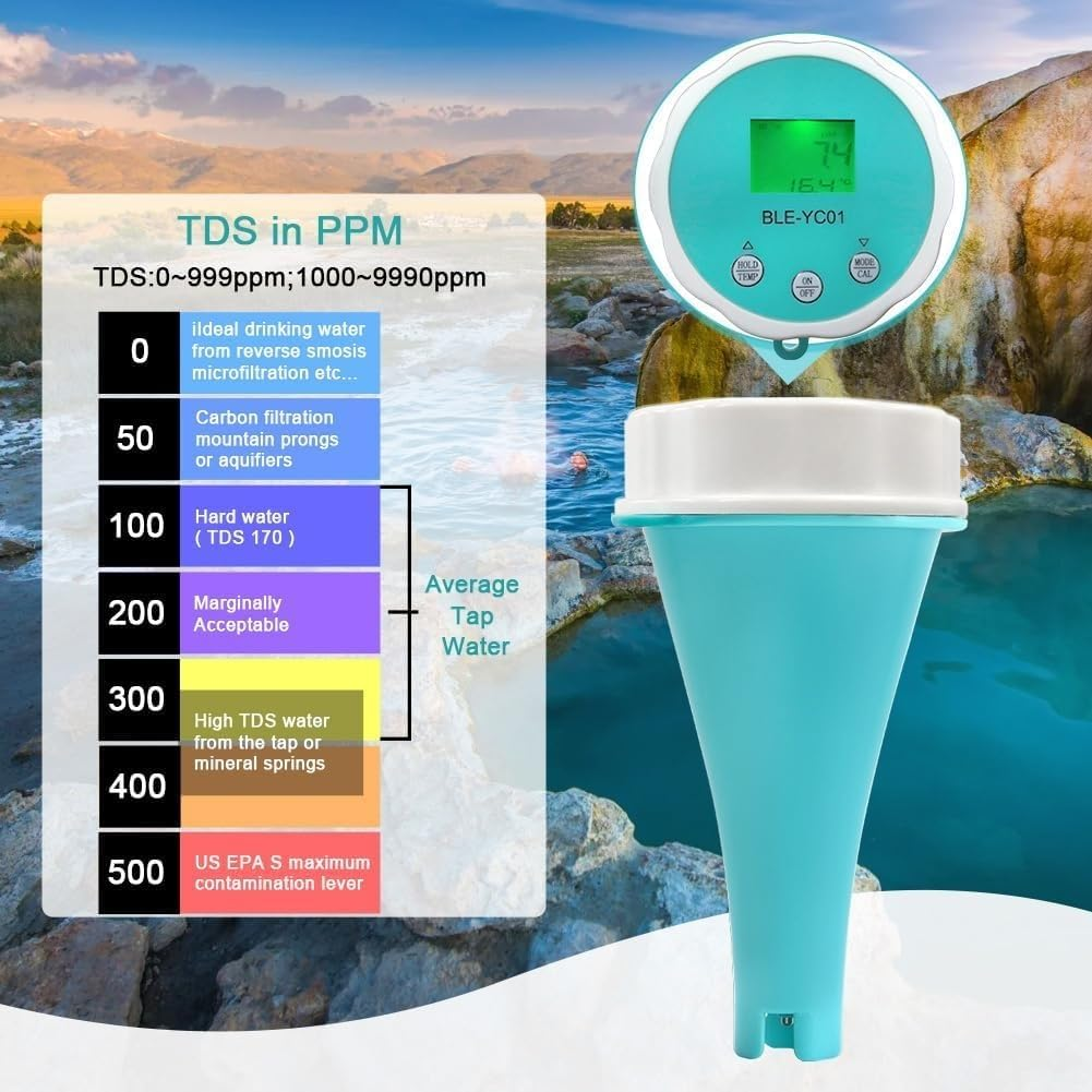 Pool Water Quality Tester Bluetooth Pool Monitor Digital Temp Chlorine, 6 in 1 Pool Thermometer, PH CL EC TDS ORP Temperature for Swimming Pool, Aquarium, Laboratory image number 5