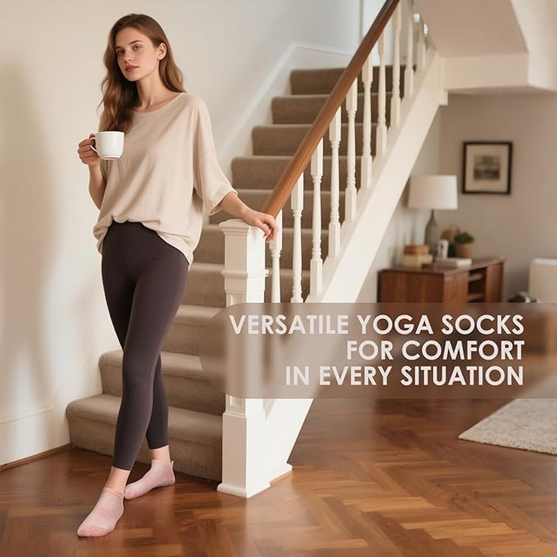 4 Pairs Pilates Socks Grip for Women Non-Slip Grippy Yoga Socks Ankle for Barre, Ballet, Barefoot Training & Workout Hospital Use image number 3