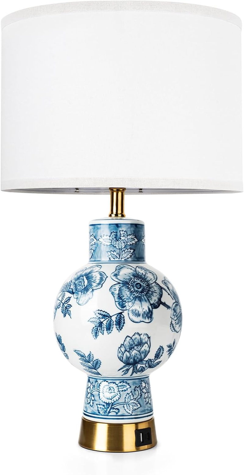EOEYYOYB Bedside Table Lamp with USB Ports, 3-Way Dimmable Touch Lamp with Porcelain Vase Fabric Lampshade, Modern Desk Lamp Bedroom Decor for Living Room Home Office Study, Blue