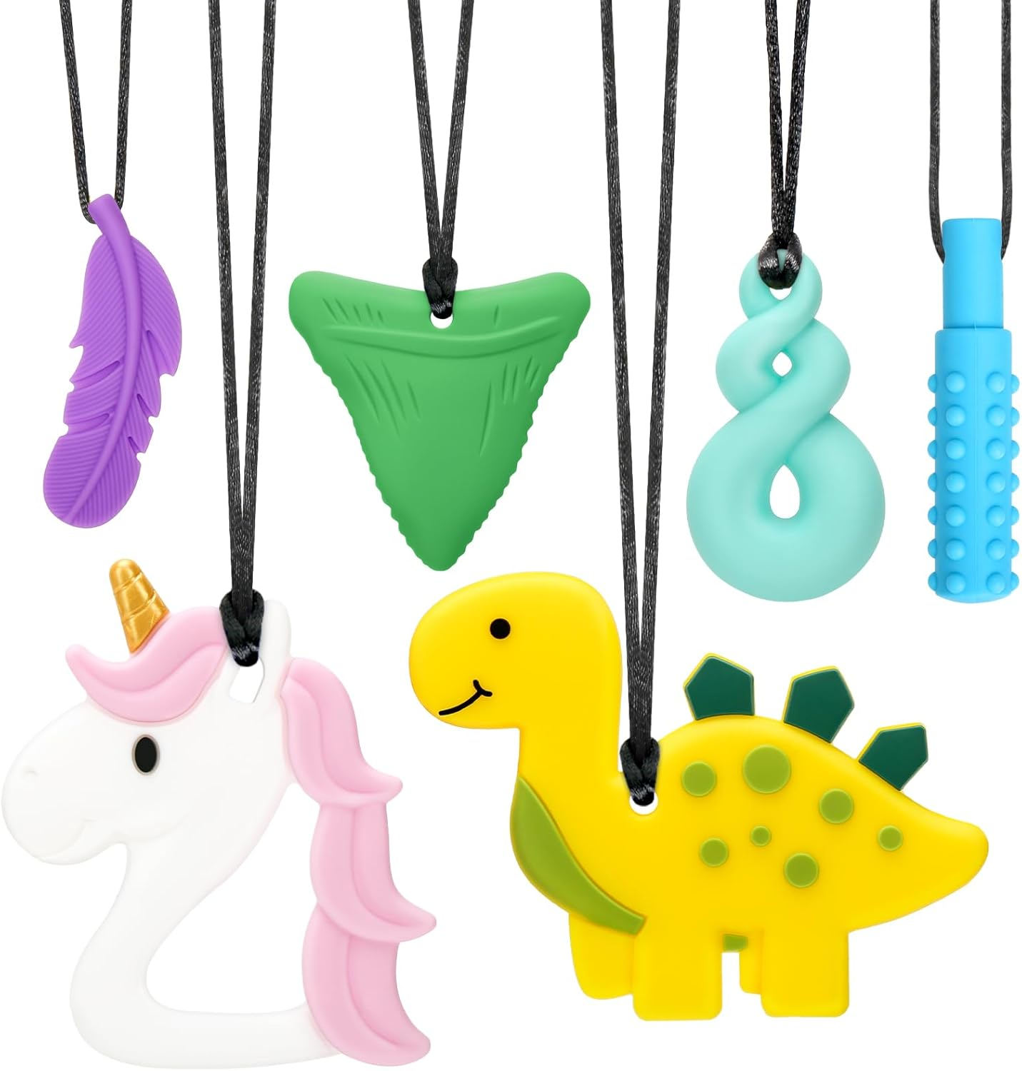 Chew Necklaces for Adults and Babies - Pony 5-Piece Set, Bpa-Free Silicone Sensory Chew Necklaces for Anxiety Relief, with Massage Blocks to Relieve Teething Pain, Stimulates Oral Movements