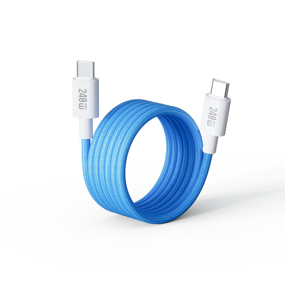 BASEMO 240W USB-C to USB-C Fast Charging Cable with E-Marker, Braided Nylon, Magnetic Storage, Compatible with Iphone 16, Huawei, Samsung, Laptop, Tablet - 1.0M