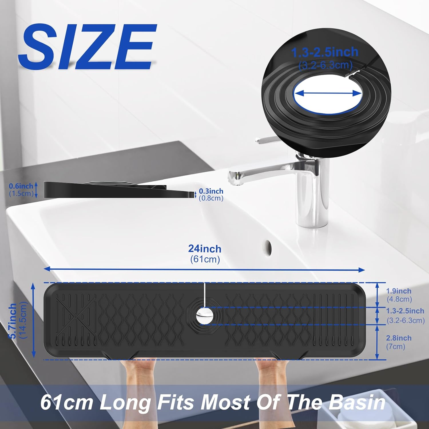 61CM Long Sink Splash Guard Mat, Faucet Handle Drip Catcher Tray, Countertop Dish Drying Mats Kitchen Sink Black image number 5