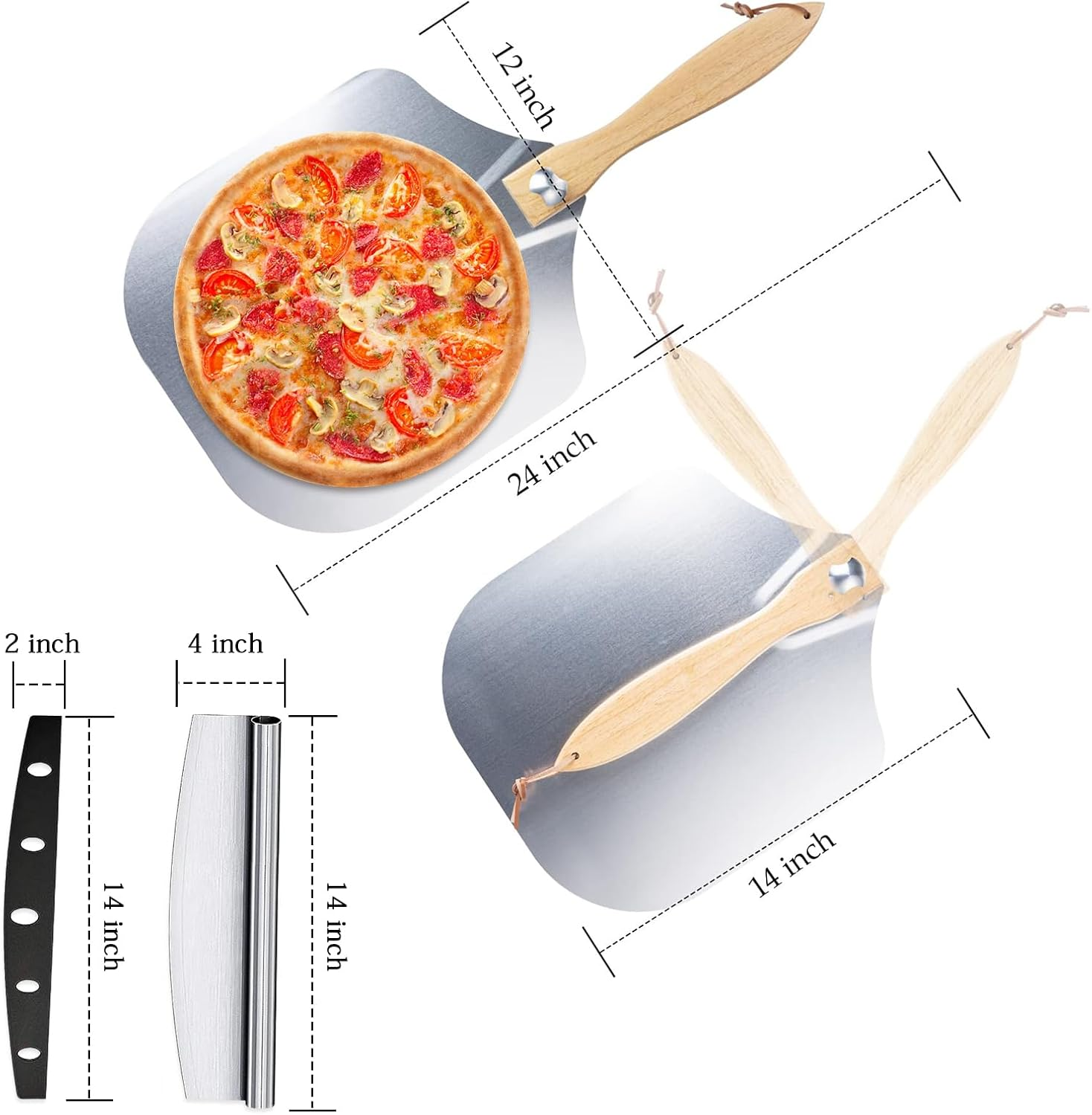 Ninonly Aluminum Pizza Peel 30.5X35.5Cm Pizza Paddle with Foldable Wood Handle, Metal Pizza Spatula with Rocker Cutter for Easy Storage&Clean, Pizza Tools for Pizza Oven Baking Pizza Bread Pastry image number 1
