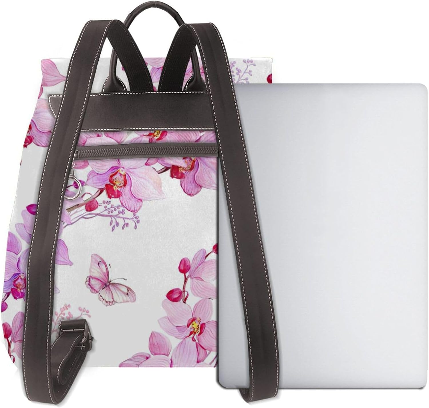 Edwal Pink Flowers and Butterfly Print Leather Backpack Laptop Bag for Women Fashion Multipurpose Daypack for College Work Travel, Black, One Size image number 1