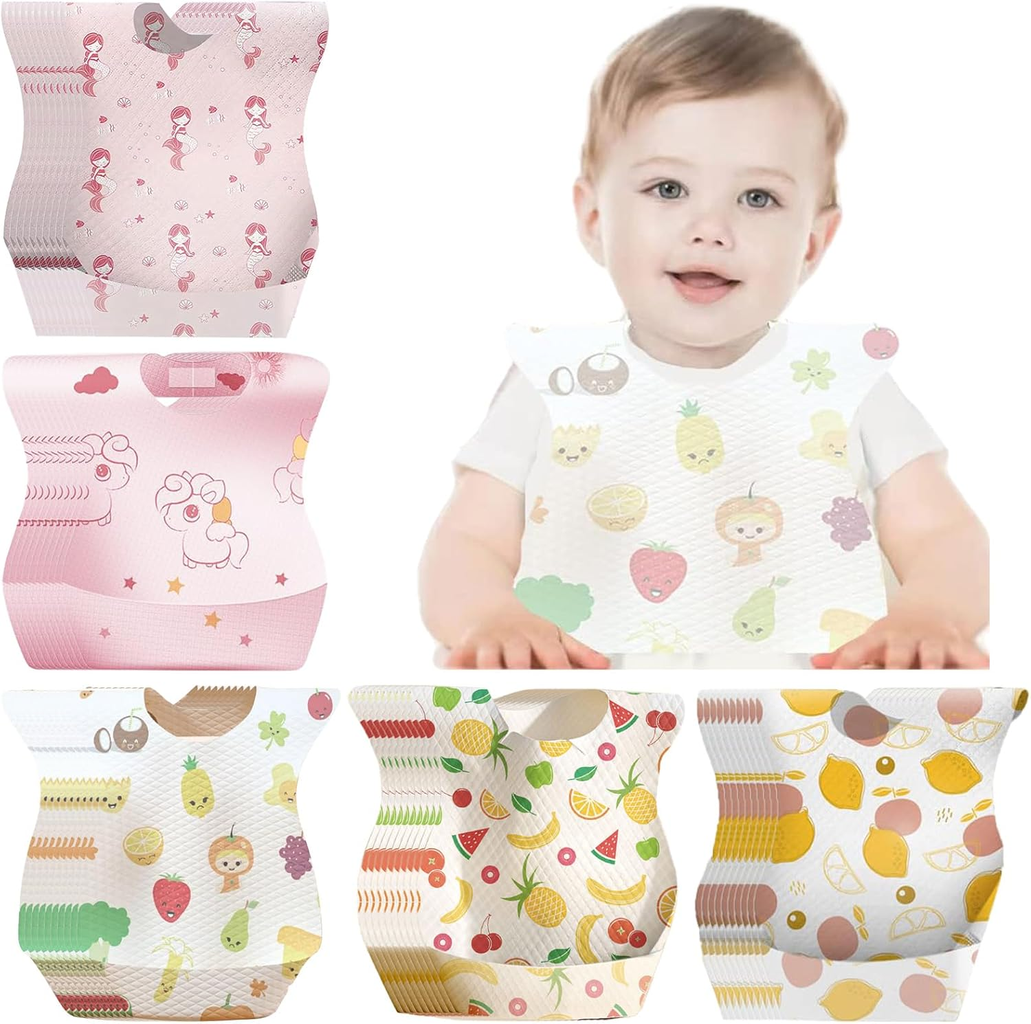 Zoney 50 PCS Disposable Bibs,Portable Baby Bibs for Girls and Boys, Travel Bibs with Individual Package, with Food Catcher Pocket, Waterproof and Adjustable,Toddlers Outdoor Feeding