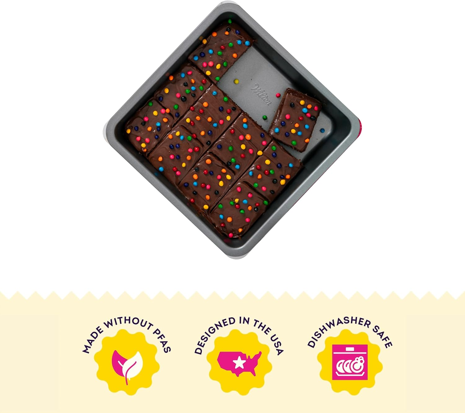 Wilton Silver Non Stick Square Cake Pan, Perfect for Brownies, Sheet Cake, Made without PFAS, Durable Steel, Even Heating, 8 X 8 In, Packaging May Vary