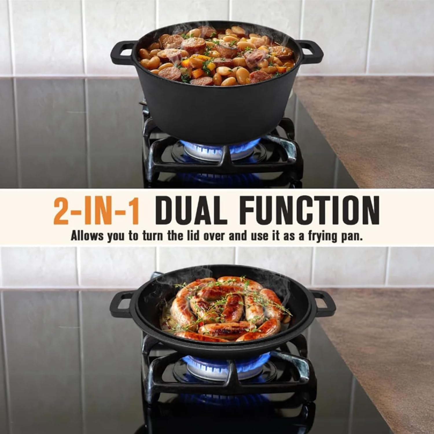 5QT Cast Iron Dutch Oven for Bread Baking, Proofing Basket Sourdough Starter Kit, Bread Making Pan Pot with Lid, Sour Dough Tools Set Includes Lame Supplies,For Family Cooking,Frying,Braising,Bbq,Black. image number 5