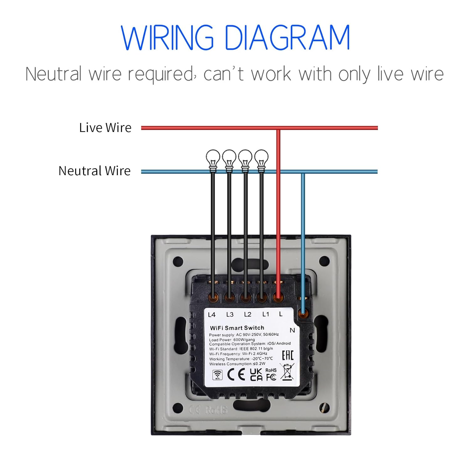 CNBINGO Smart Touch Light Switch Works with Alexa, Google Assistant - WLAN Switch Flush-Mounted - with Glass Panel - Wall Switch Quadruple in White - Neutral Conductor Required - 600 W/Compartment image number 4