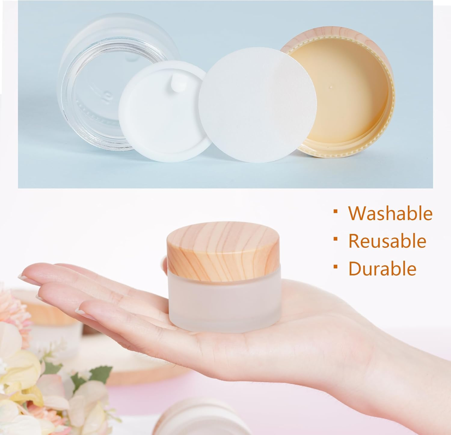 6Pcs Glass Cosmetic Containers with Wood Grain Lid Refillable Cosmetic Jar Frosted Glass Cream Container with Leak-Proof Lid Empty Makeup Jar for Lotions,Creams,Scrub Cream,Home,Travel(30Ml)
