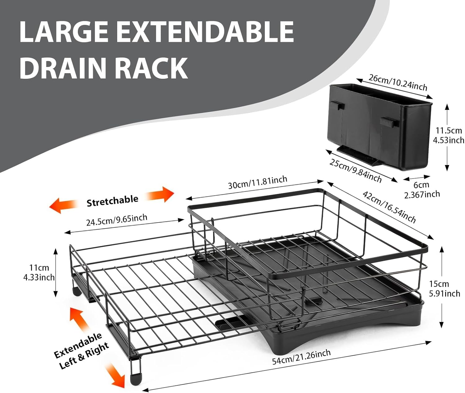 Koreal Dish Drying Rack, Extendable Dish Racks for Kitchen Counter, Stainless Steel Kitchen Drying Rack with Cutlery Holder, Movable Black Dish Drainer with Drainboard & Drainage Spout image number 2