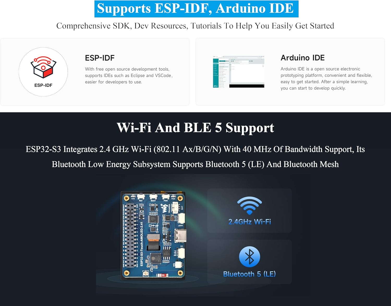 ESP32-S3 2.41Inch AMOLED Capacitive Touch Display Development Board, 600X450 Resolution 16.7M Display Colors, 32-Bit LX7 Dual-Core Processor, Support Wi-Fi and Bluetooth 5, Rich Interfaces (No Case)