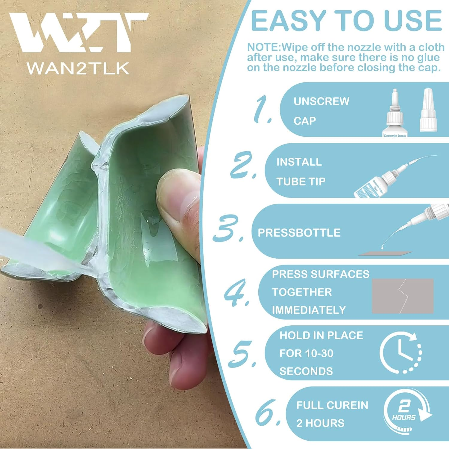WAN2TLK Ceramic Glue 60G, Waterproof Ceramic Glue Repair for Pottery, Heat-Resistant, Porcelain Glue for Bonding Pottery, Glass, Plastic, Acrylic, Metal, Wood, Rubber - 6 Applicator Nozzles image number 6