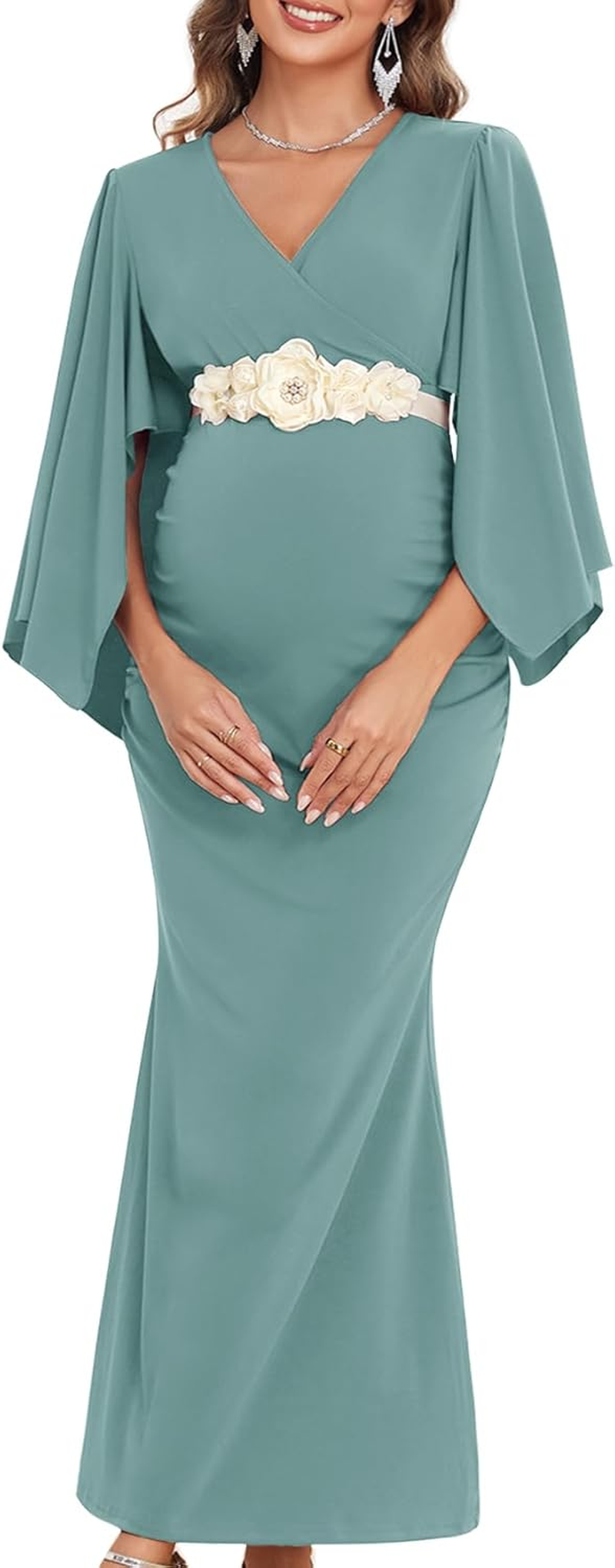 Maxi Maternity Dress with Flower Sash Semi Formal Baby Shower Wedding Guest V-Neck Handkerchief Sleeves Elegant image number 1