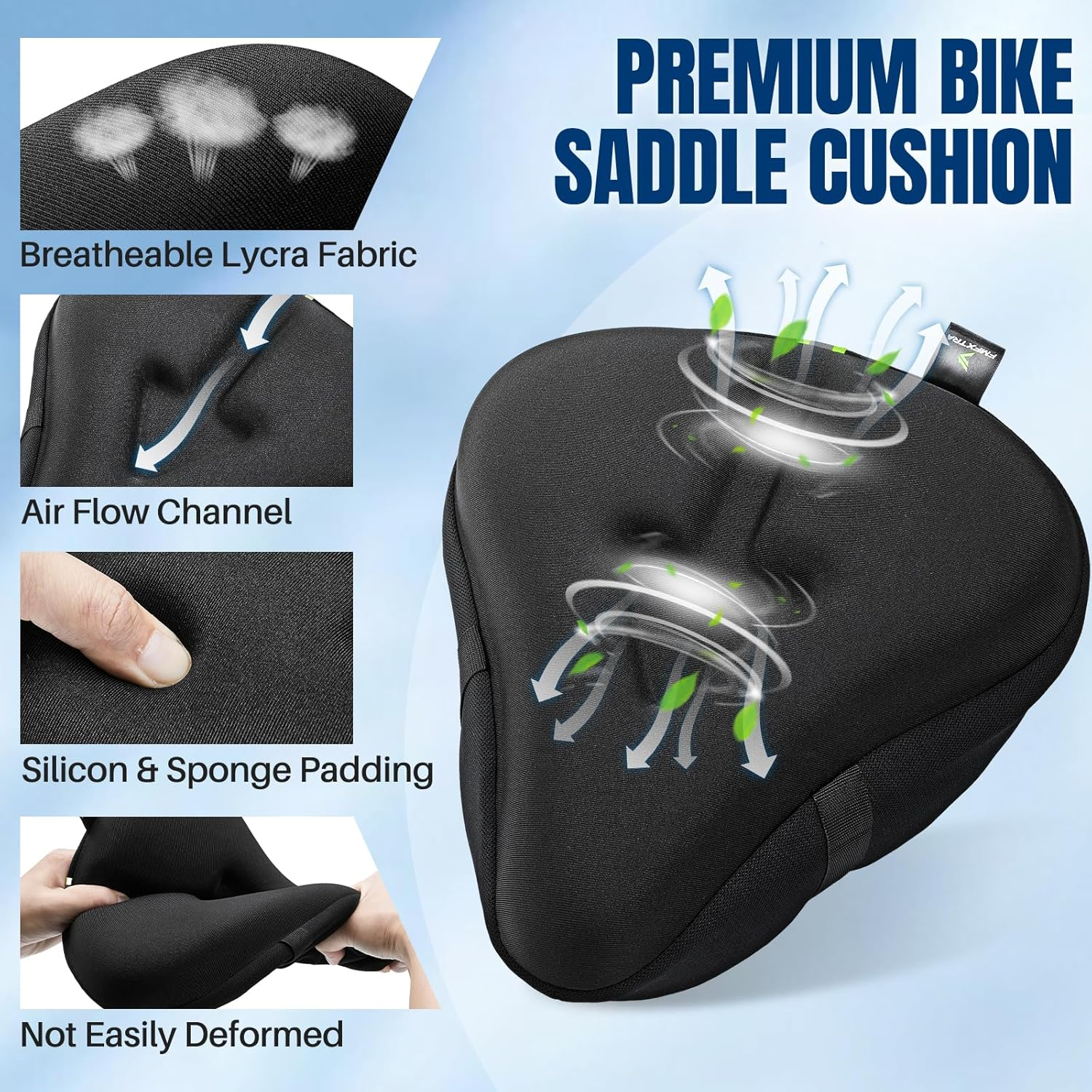 WOTOW Bike Seat Cushion, Soft Bike Seat Cover for Men Women, Padded with Gel and Memory Foam, Wide Comfortable Exercise Bike Seat Cushion Cover for Peloton, Stationary, Mountain and Cruiser Bikes