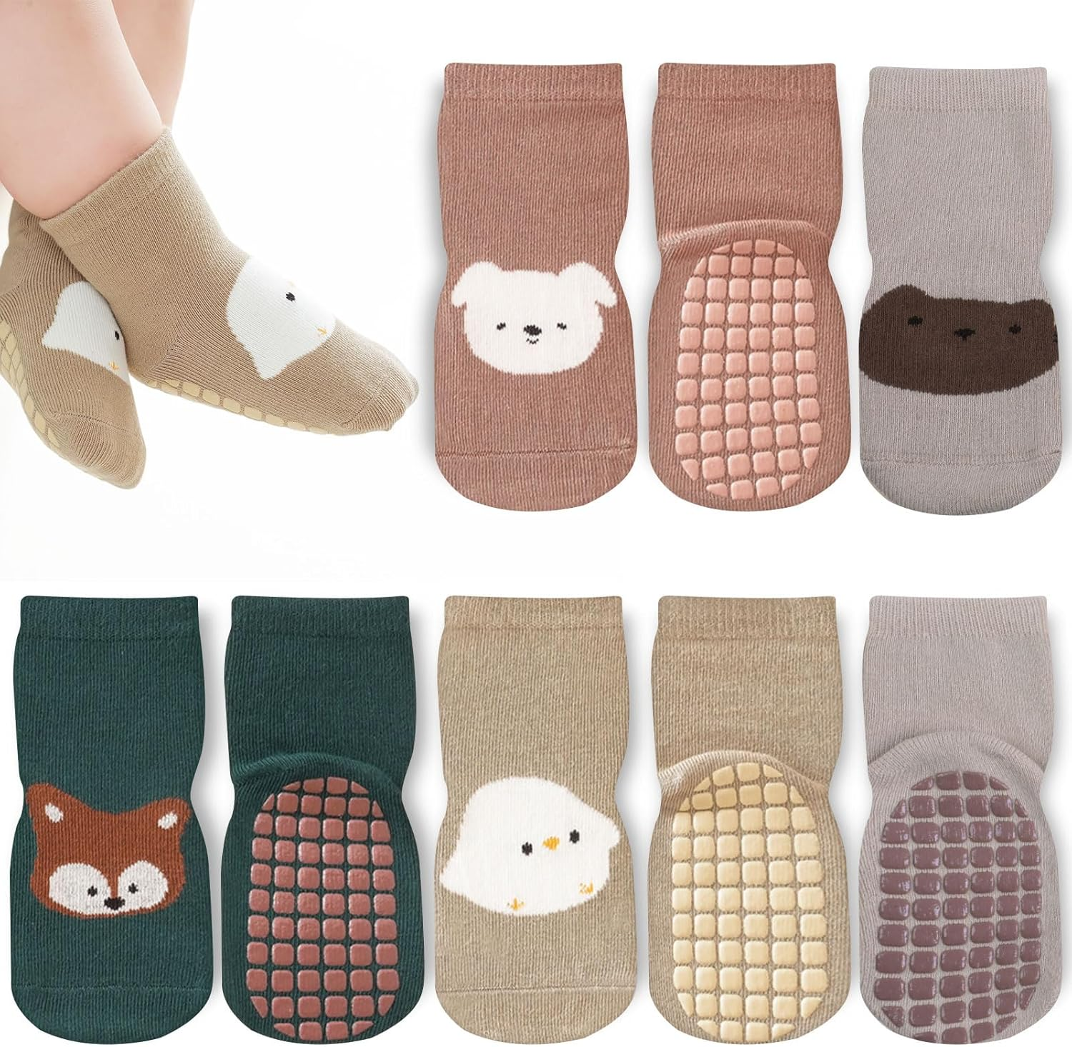 4 Pairs Unisex Baby Socks Non Slip Grip Socks for Girls Boys Children Floor Socks Warm Cute Animal Cartoon Toddler Kids Anti-Slip Cotton Socks for 0-5 Years Old