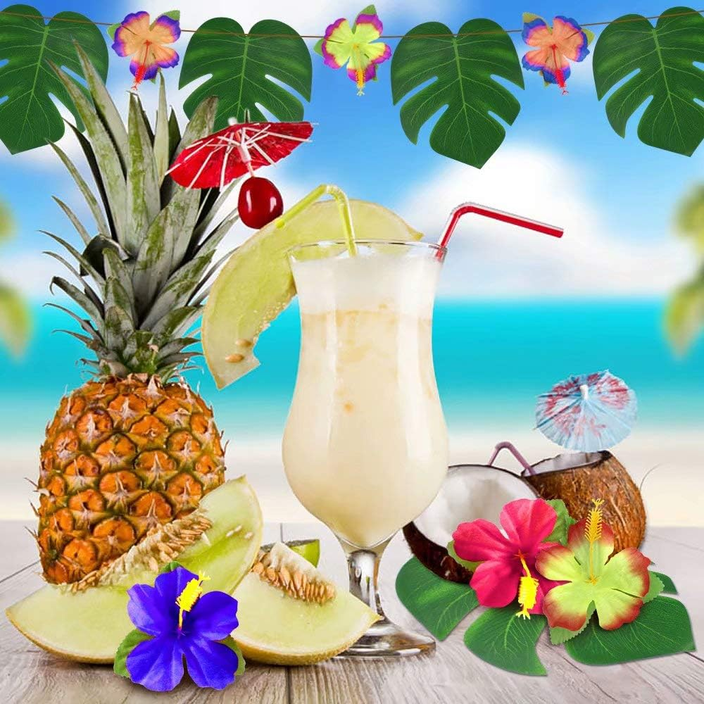 60Pcs Tropical Party Decorations Supplies Tropical Palm Leaves Hibiscus Flowers Simulation Artificial Leaf for Hawaiian Luau Safari Party Jungle Beach Theme BBQ Birthday Party Decorations Table Decor image number 2