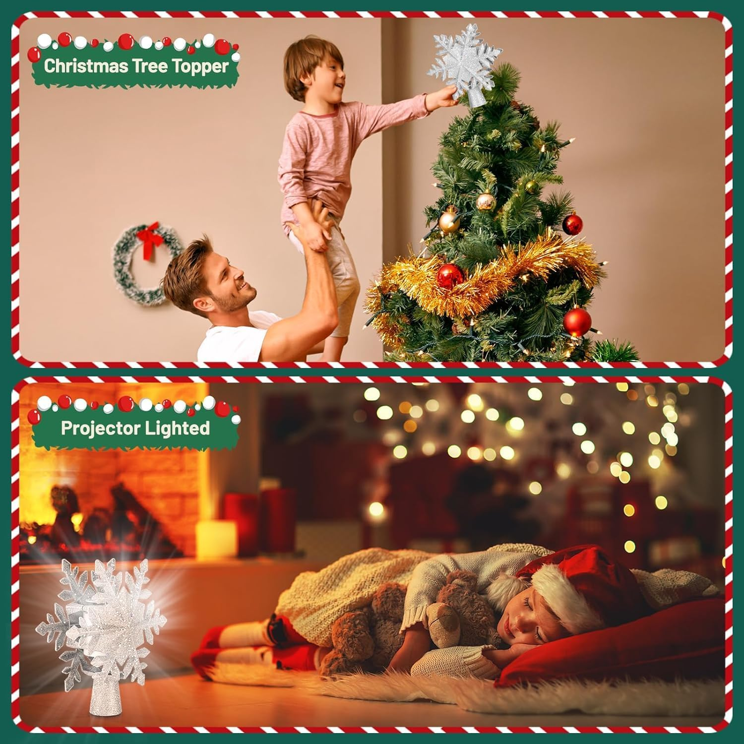 Christmas Tree Topper Lighted with Snowflake Projector, LED Rotating Snowflake Glitter Lighted Snow Tree Topper for Christmas Tree Decoration Home Office New Year Holiday Party Decor (Silver) image number 2