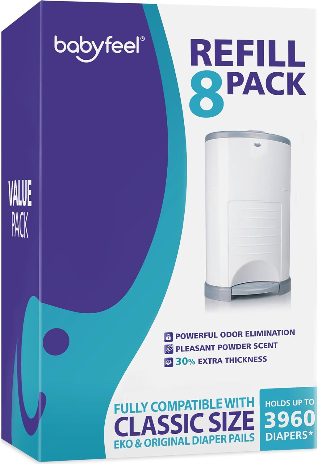 Dekor Classic Refills by Babyfeel 8 Pack Extra Value Exclusive 30% Extra Thickness Powder Scent Fits Dekor Classic Size Nappy Pails Powerful Odour Elimination Holds up to 3960 Nappies image number 4
