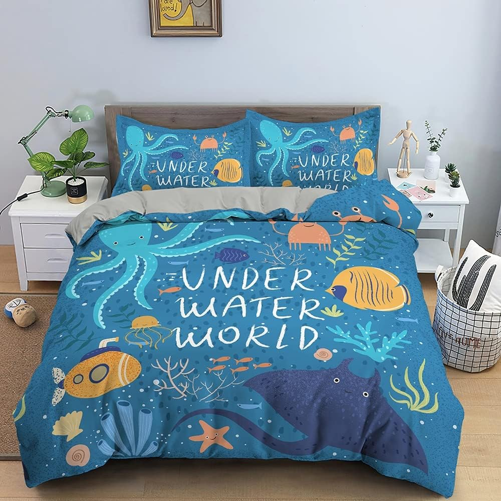 Cartoon Bedding Set Sea Animals Duvet Cover Set Underwater World Quilt Cover with Pillowcases Home Textile for Kids,Color 03,Single(140X210Cm)
