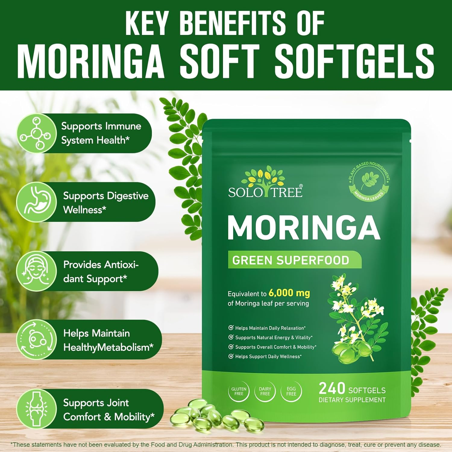 Moringa Softgels 6000Mg Equivalent | Plant-Based Moringa Leaf Extract | Gluten-Free, Dairy-Free, Egg-Free | Made for Daily Use | 240 Count image number 1