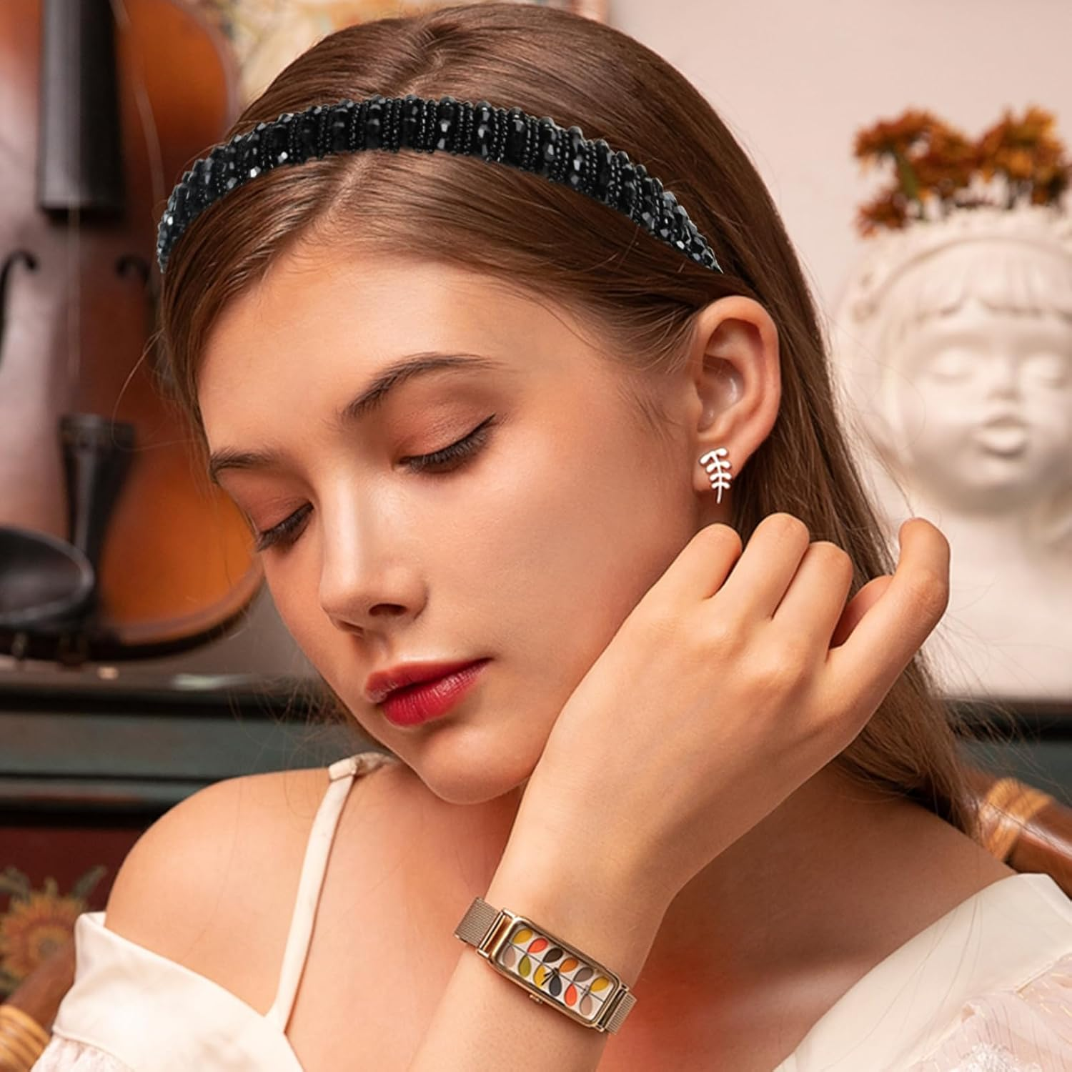 Amexo Pack of 2 Hair Bands for Women with Crystal Beads, Elegant Headband, Blue Headband for Bride, Bead, Chain, Hair Accessories, Headband for Women and Girls