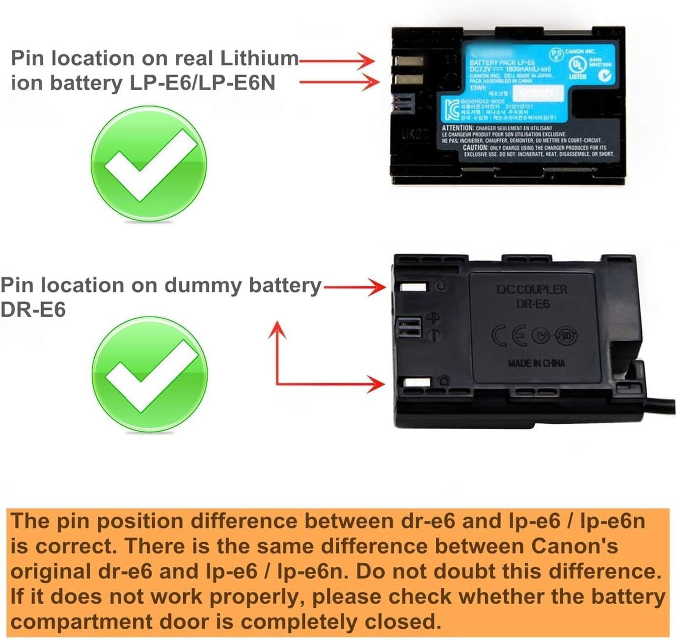 Kimaru ACK-E6 AC Power Adapter LP-E6 LP-E6N Dummy Battery DR-E6 DC Coupler Kit for Canon EOS 80D,70D,60D, 5D Mark II,5D Mark IV,6D,6D Mark Ii,60Da,7D,7D Mark Ii,5Ds, 5Ds R,90D,EOS R,R5,R6 Cameras. image number 5