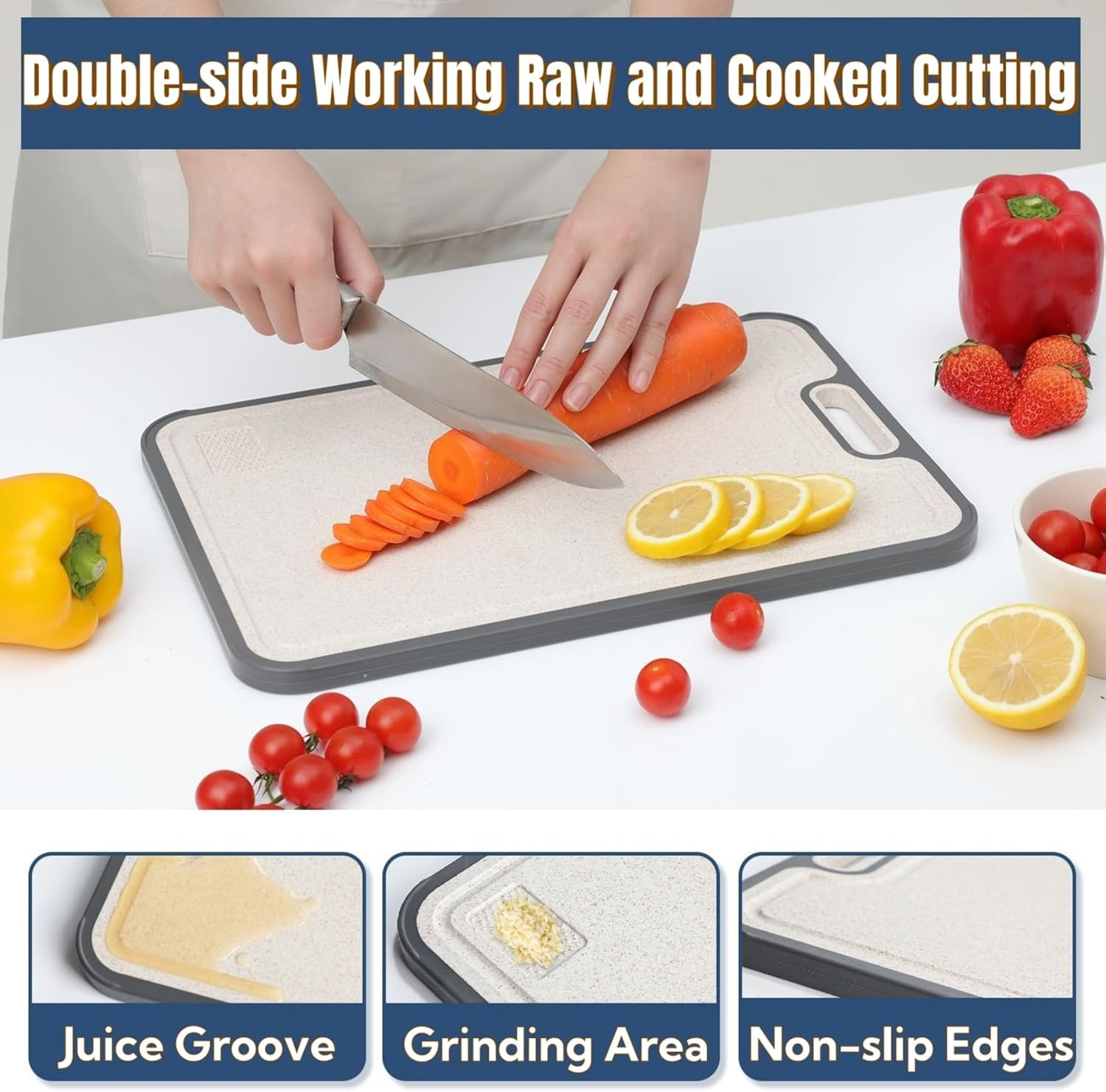 CHDEXU Titanium Chopping Board for Kitchen, Double Sided Cutting Board for Meat Vegetables Fruit, 38.5X26.5Cm Large Titanium Cutting Board with Handle Easy to Clean image number 3