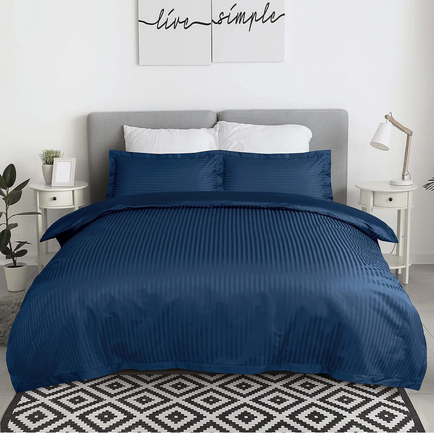 Enviohome 1000 Thread Count Cotton Ivory Satin Stripe Reversible Duvet Cover Quilt Bedding Set - Double, Ivory