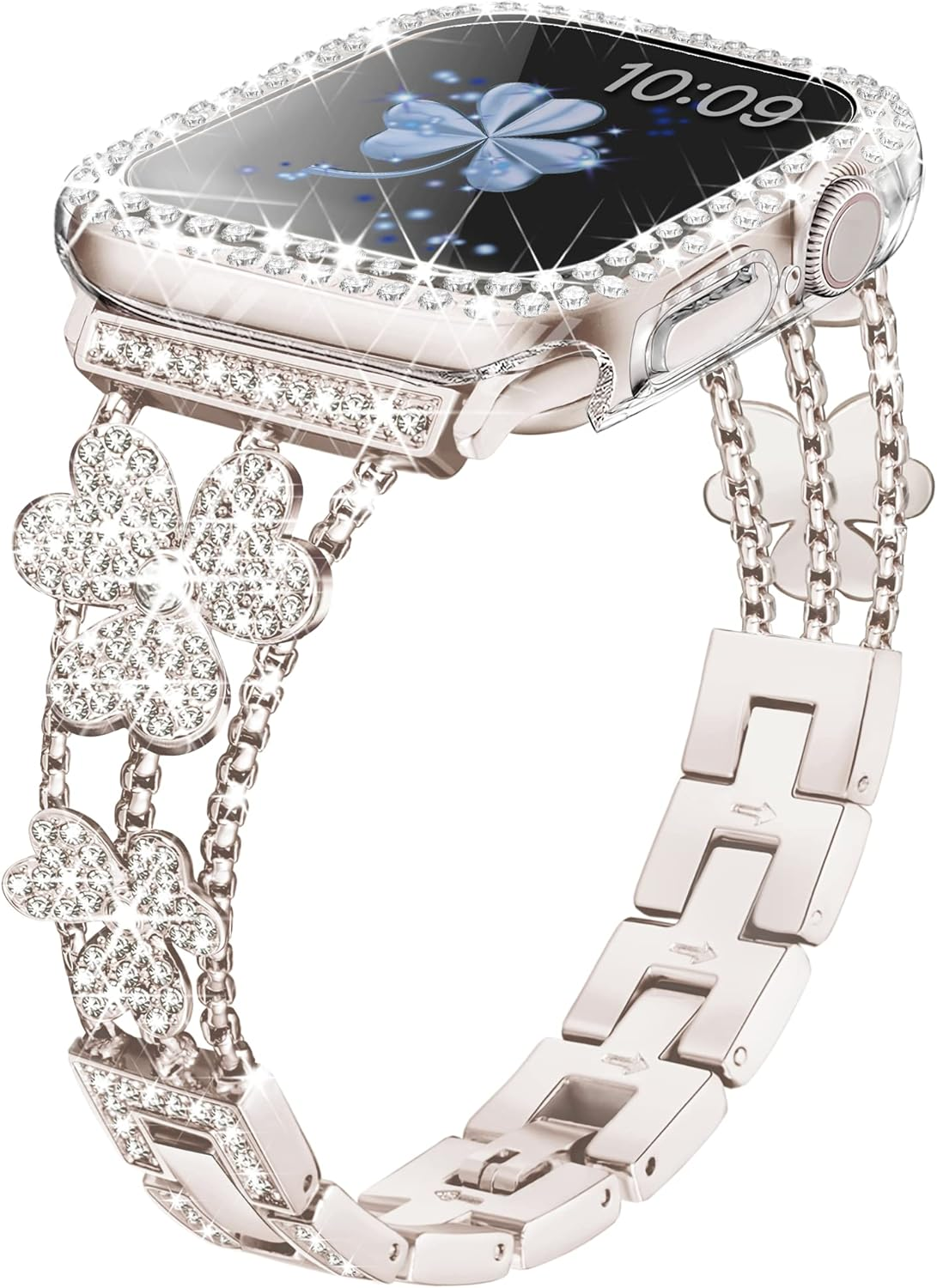 Vamyzji Compatible Apple Watch Band + 45Mm Bling Diamond Protective Case with Screen Protector, Easy Adjustable Jewelry Metal Band Bracelet for Apple Watch Series 9, 8, 7 (Starlight) image number 3