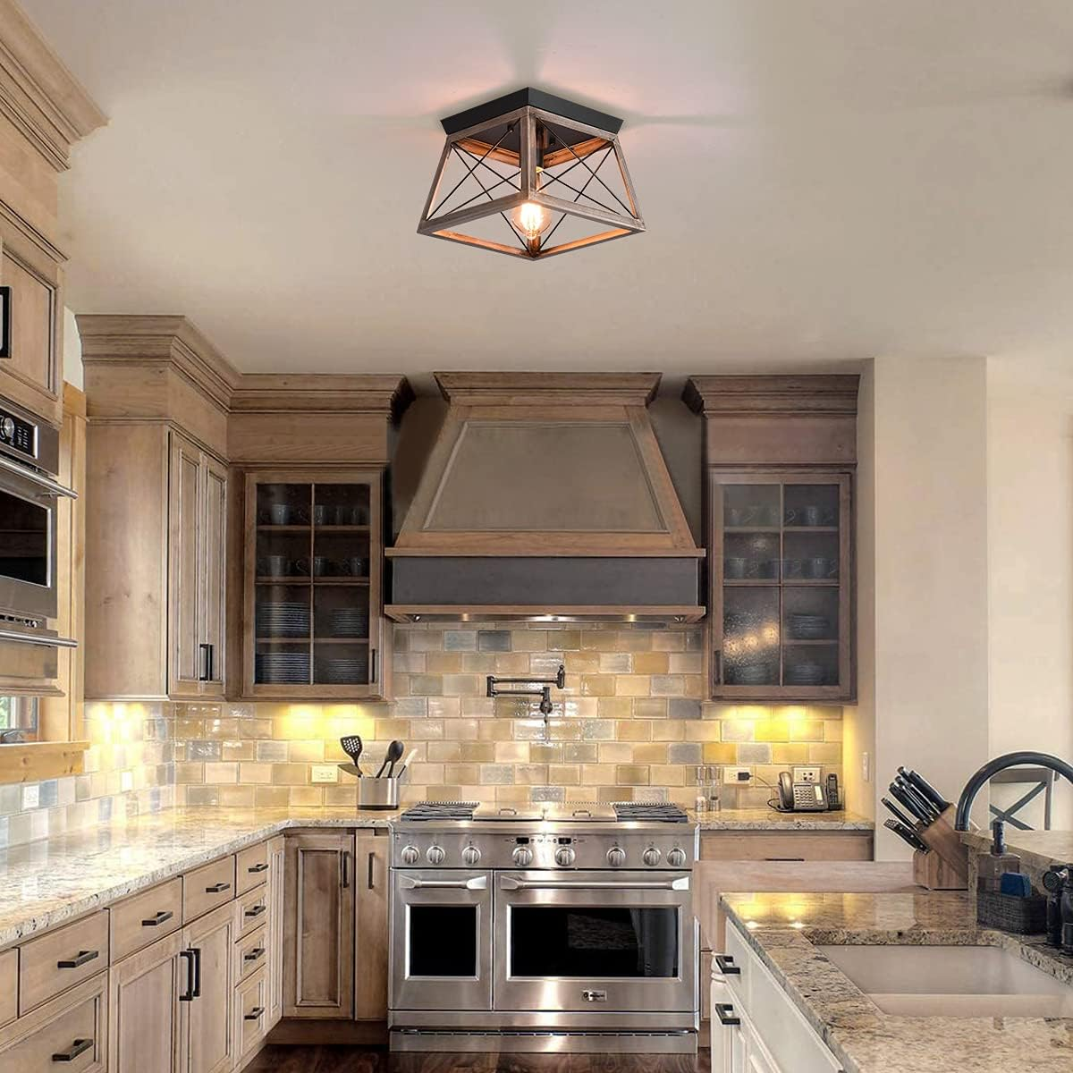 GEADI Farmhouse Chandelier, Flush Mount Ceiling Lighting, Metal Industrial Vintage Pendant Light Fixture for Entryway Hallway Foyer Kitchen Island Dining Room, E27 Base - 20W/Black image number 6