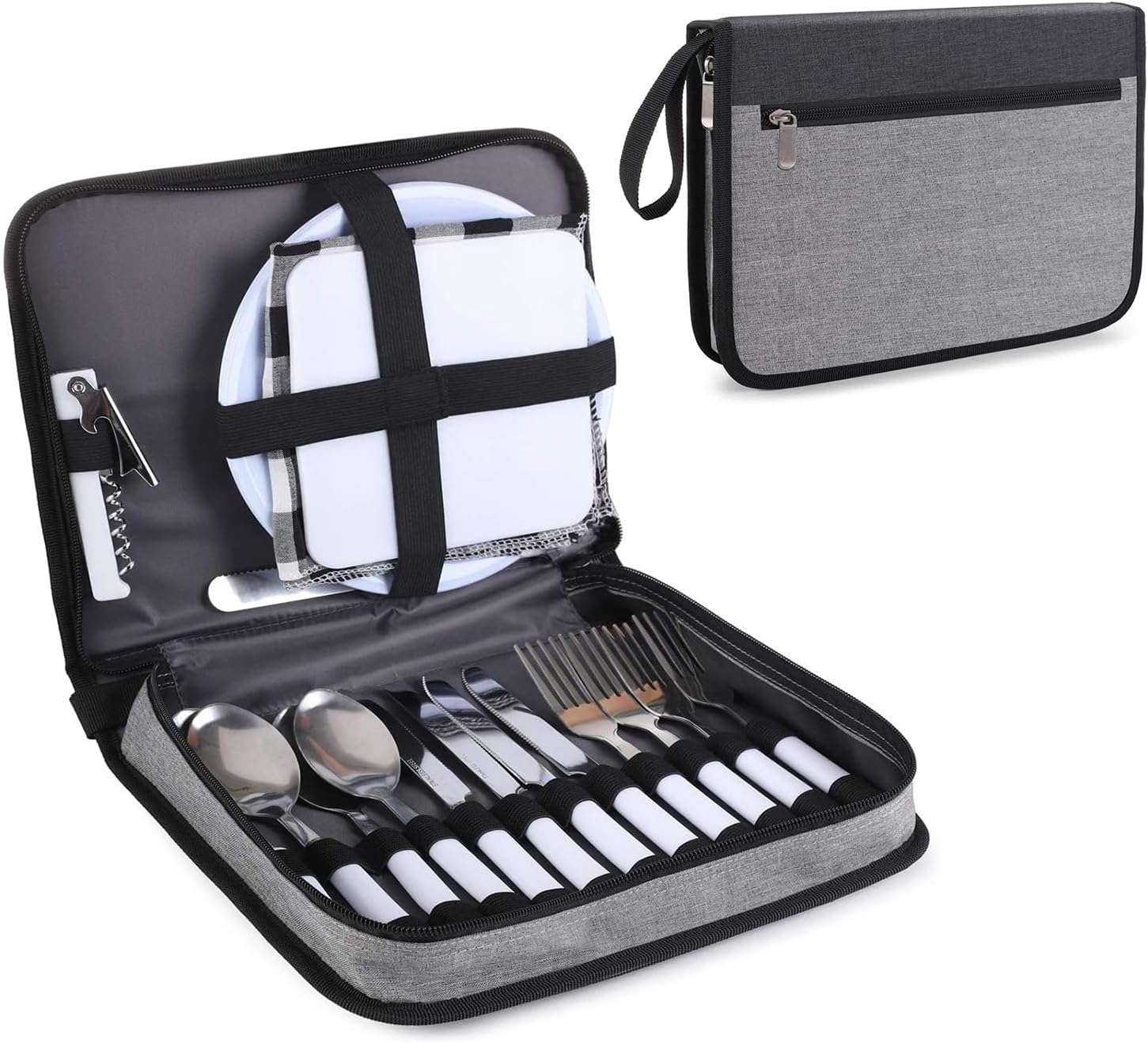 Picnic Set for 4 - Includes 24 Pcs, Portable Travel Utensils with Case, Reusable Camping Cutlery Plates, Stainless Steel of Spoons and Forks, for Hiking, Camp, BBQ, Gift (Grey) image number 1