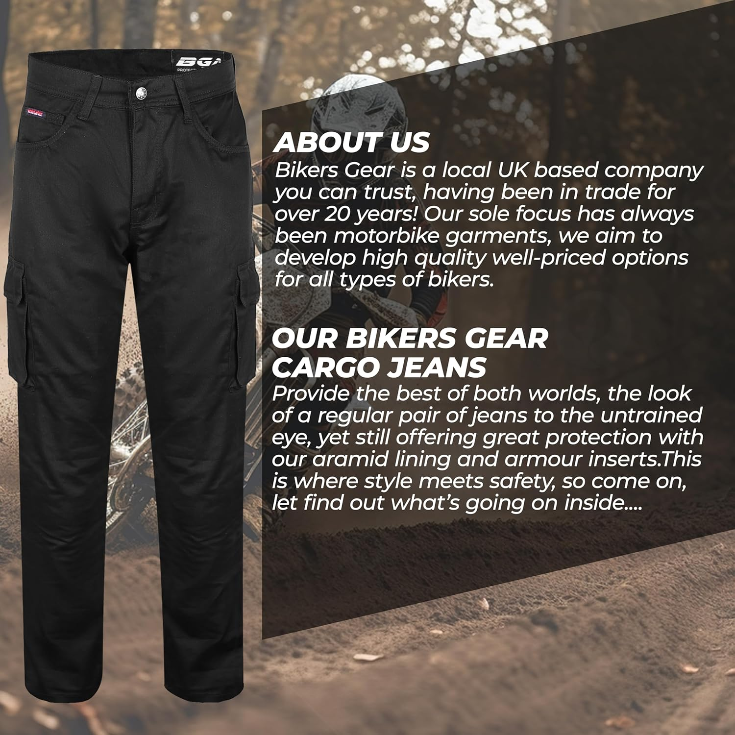 Australian Bikers Gear Motorcycle Black Cargo Jeans with Duponttm KEVLAR ARAMID FIBRE Removable Armour image number 5