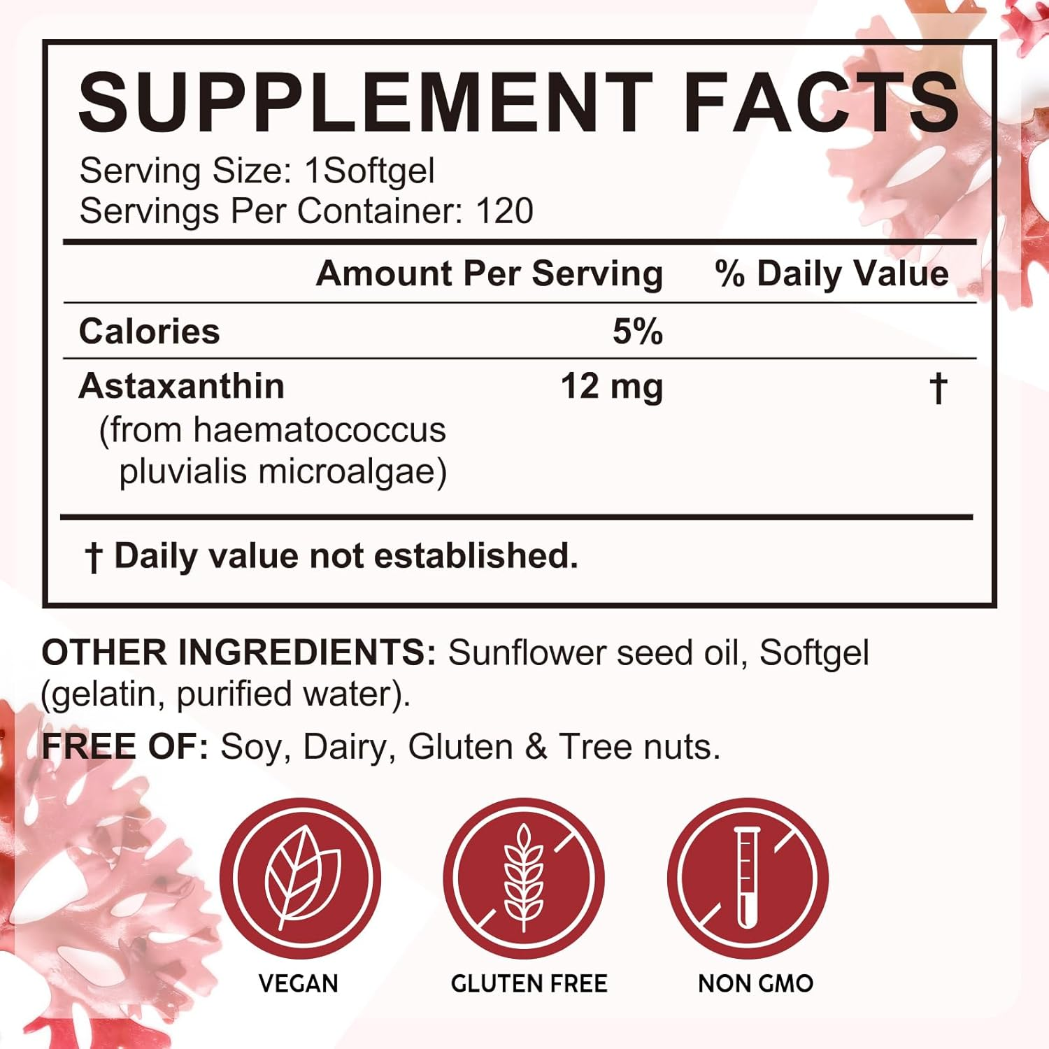 Astaxanthin 12Mg Softgels | Natural Source from Microalgae | Gluten-Free | Non-Gmo | Easy-To-Swallow | No Artificial Additives | 4 Month Supply | 120 Softgels image number 4